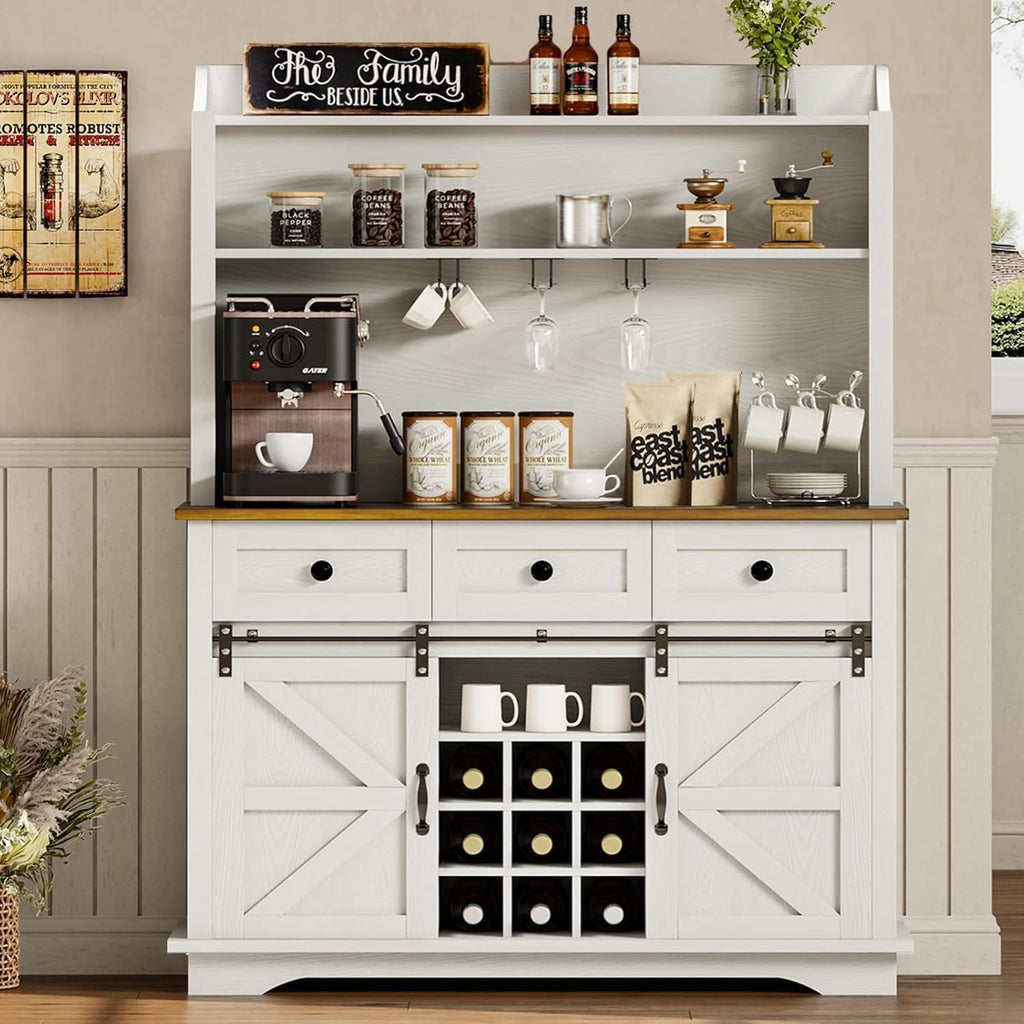 REVOMINCA 63 Inch Tall Coffee Bar Cabinet with 3-Tier, Kitchen Hutch with 3 Large Drawers, Farmhouse Coffee Bar with 9 Wine Racks & 3 Glass Holders, Wine Storage Cabinet for Living Dining Room, White