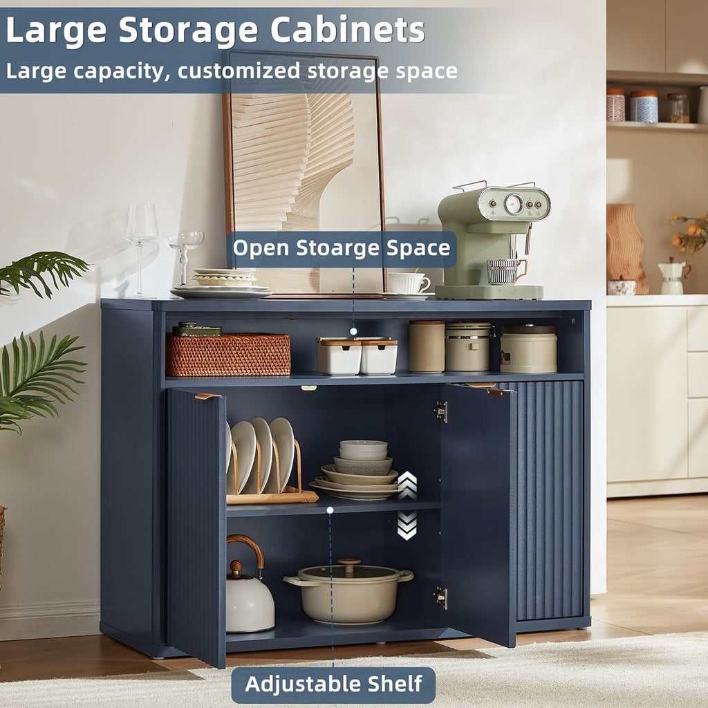 LEYAOYAO Fluted Buffet Cabinet with Storage, 45' Wide Wood Sideboard Credenza with 3 Doors & Open Storage Shelf, Modern Kitchen Console Accent Cabinets, Coffee Bar Table for Dining Room, Dark Blue