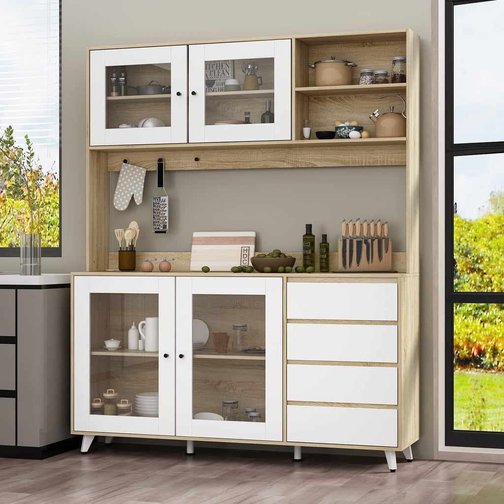 AIEGLE 63' W Large Kitchen Hutch Cabinet, Pantry Cabinets with Hutch, Freestanding Cupboard with 4 Doors, 4 Drawers & Microwave Shelf, Kitchen Storage Buffet, Wood Color (63' W x 15.7' D x 74.8' H)