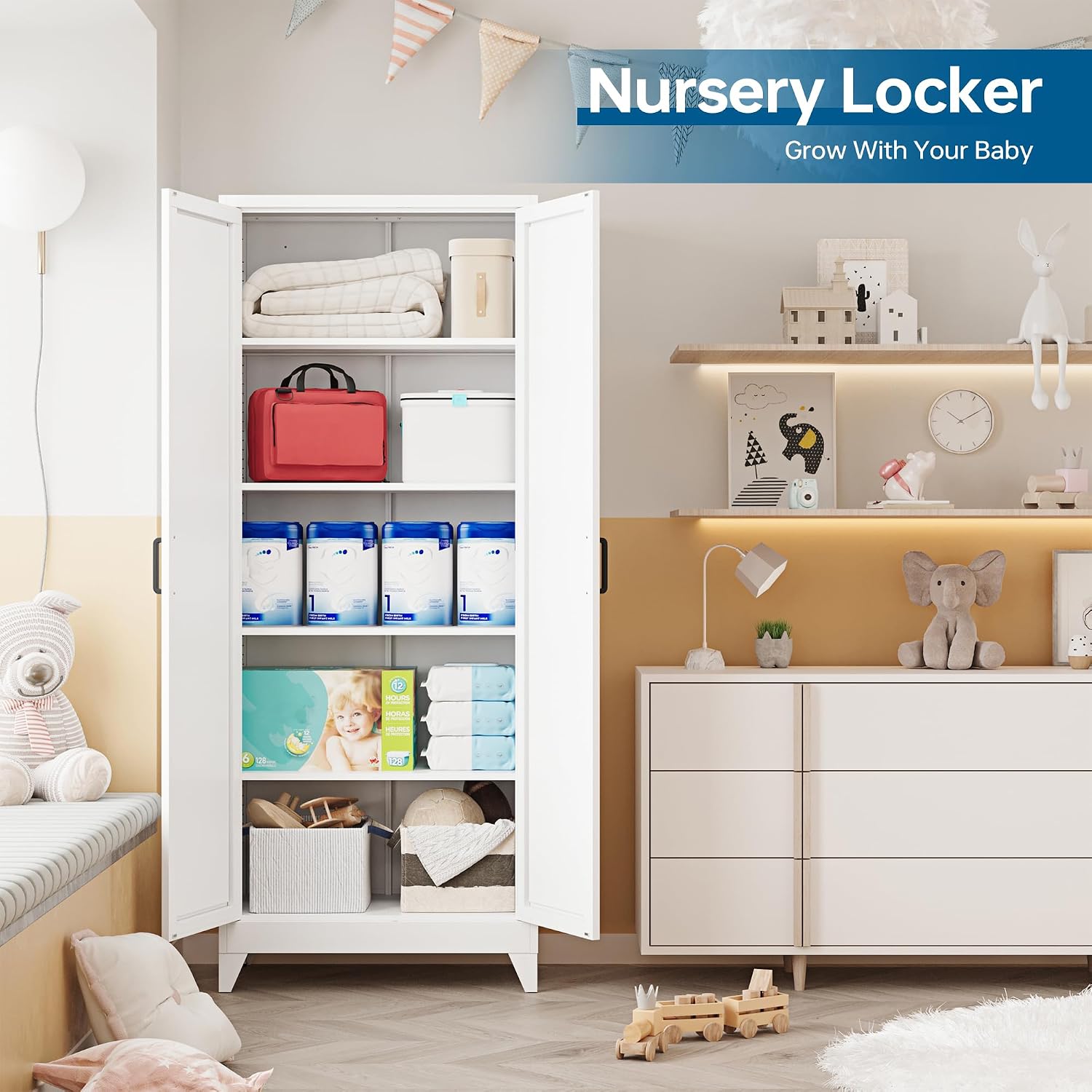 PEUKC 75' Farmhouse Metal Storage Cabinet with Doors and 4 Adjustable Shelves, Large Pantry Organizer for Kitchen, Dining Room, and Living Room,Assemble Require(White)