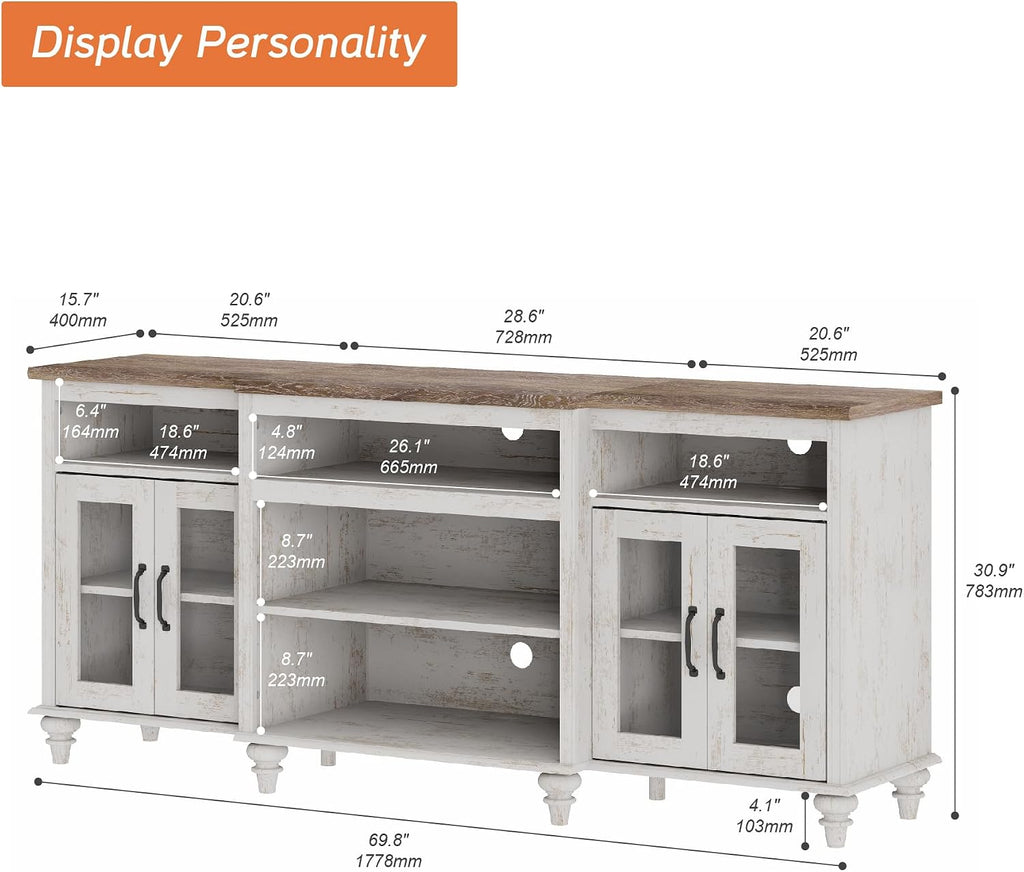 WAMAPT Buffet Cabinet with 4 Glass Doors, Large Coffee Bar Tables Wood Kitchen Storage Cabinets with 9 Storages, Modern Farmhouse Sideboard Credenza, Rustic White, 70 inch