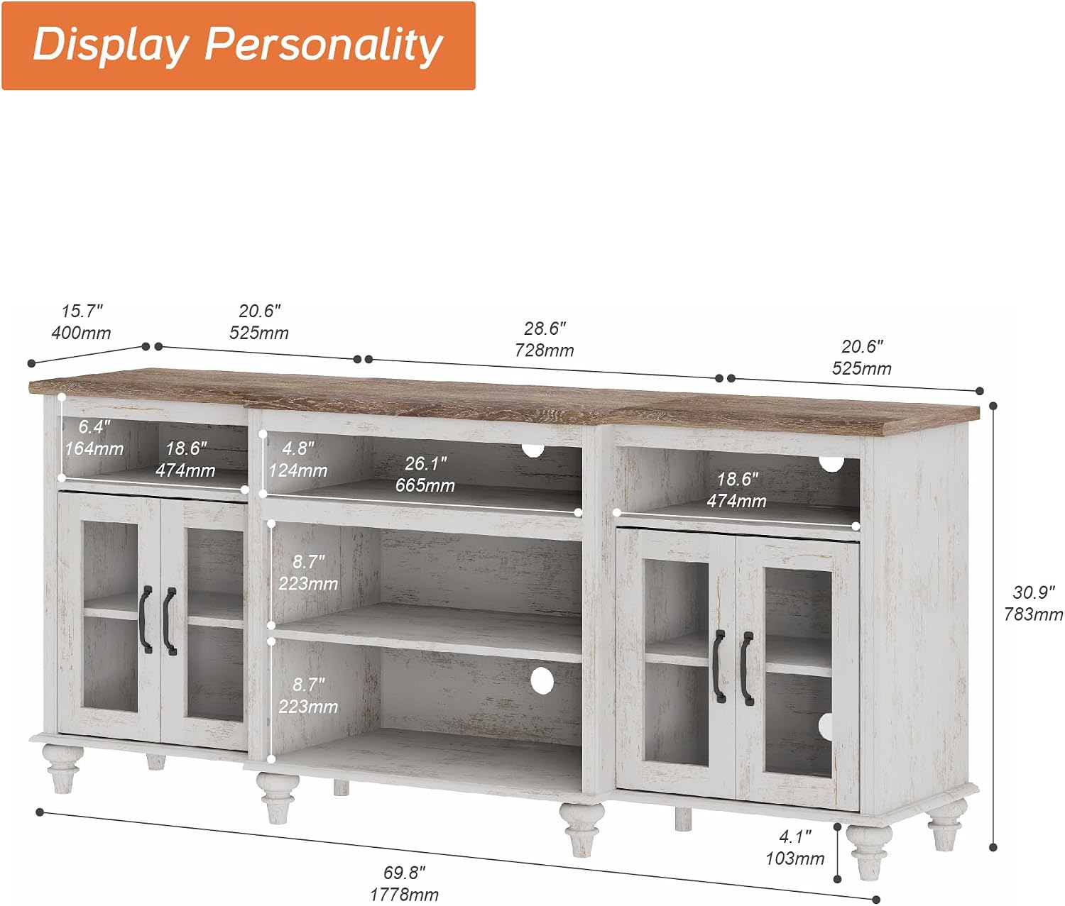 WAMAPT Buffet Cabinet with 4 Glass Doors, Large Coffee Bar Tables Wood Kitchen Storage Cabinets with 9 Storages, Modern Farmhouse Sideboard Credenza, Rustic White, 70 inch