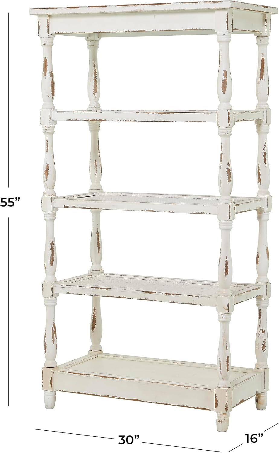 Deco 79 Farmhouse Distressed White Wood Bookshelf with Pierced Metal Interior Shelves & Turned Column Frame Shelving Unit, 30' x 16' x 55' White