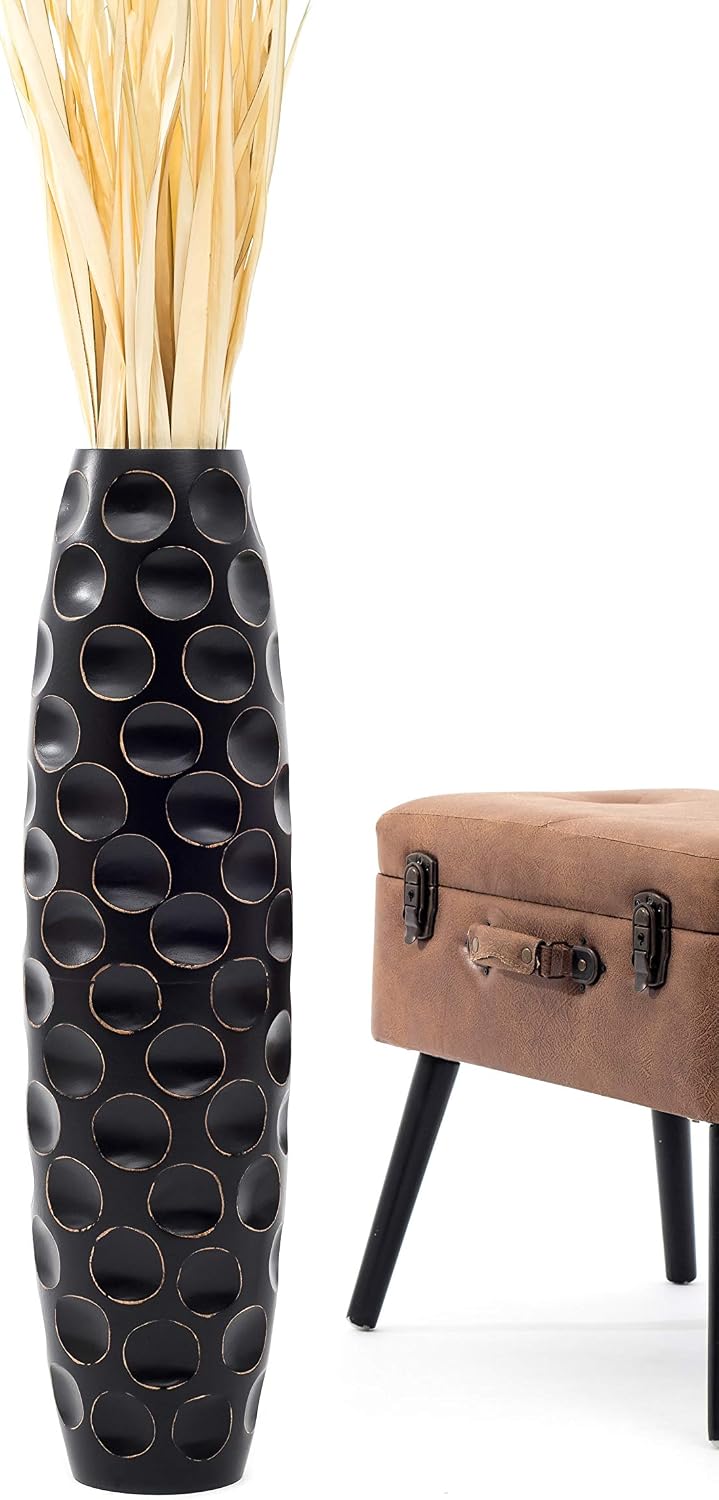 Leewadee Large Black Home Decor Floor Vase - Wooden 26 inch Tall Farmhouse Decor Flower Holder for Fake Plant and Pampas Grass