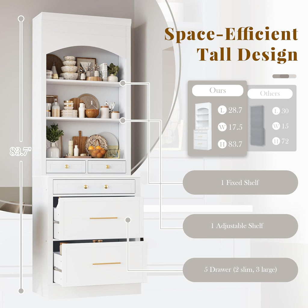 84' Freestanding Storage Cabinet with 5 Drawers, Kitchen Storage Bakers Rack with Faux Marble Top, Utility Food Cupboard with Adjustable Shelf for Kitchen Dining Room, White