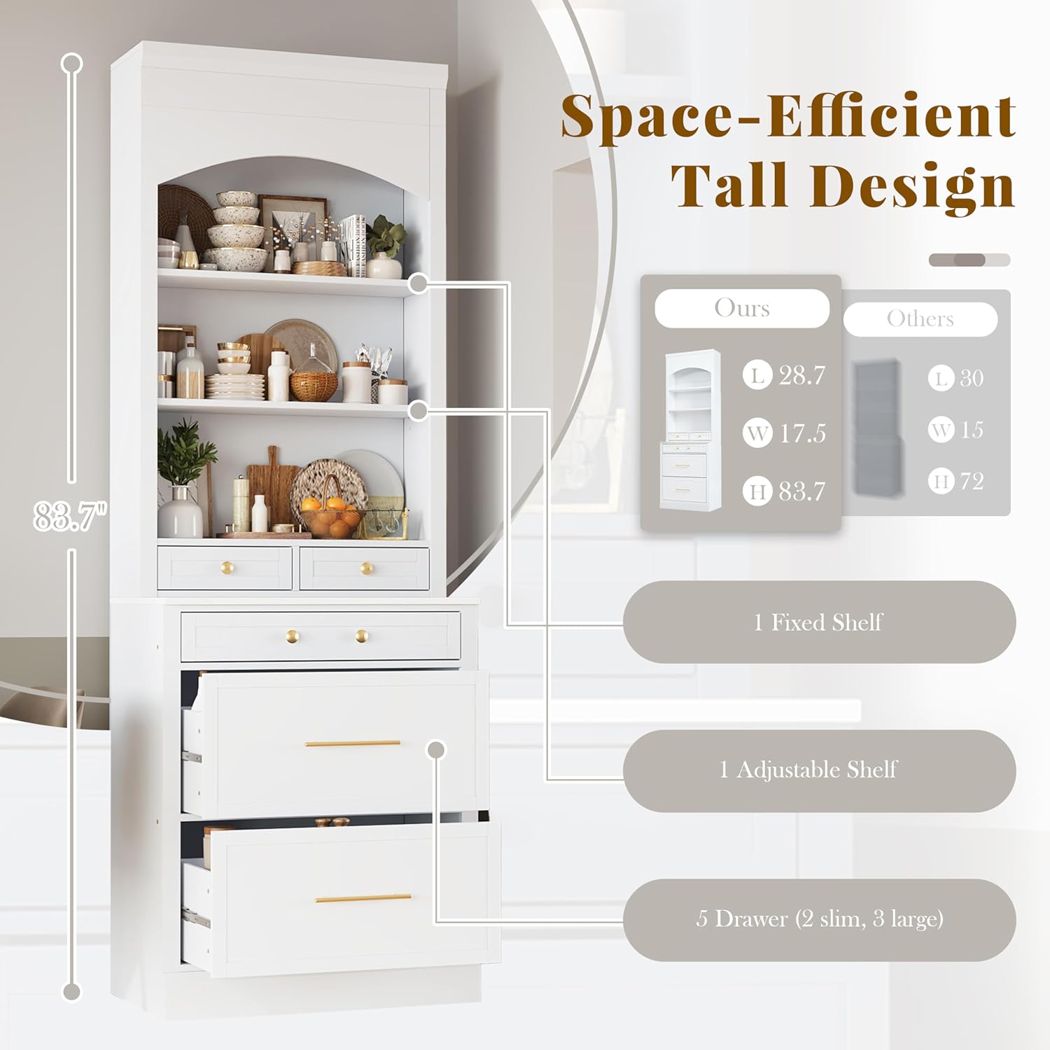 84' Freestanding Storage Cabinet with 5 Drawers, Kitchen Storage Bakers Rack with Faux Marble Top, Utility Food Cupboard with Adjustable Shelf for Kitchen Dining Room, White