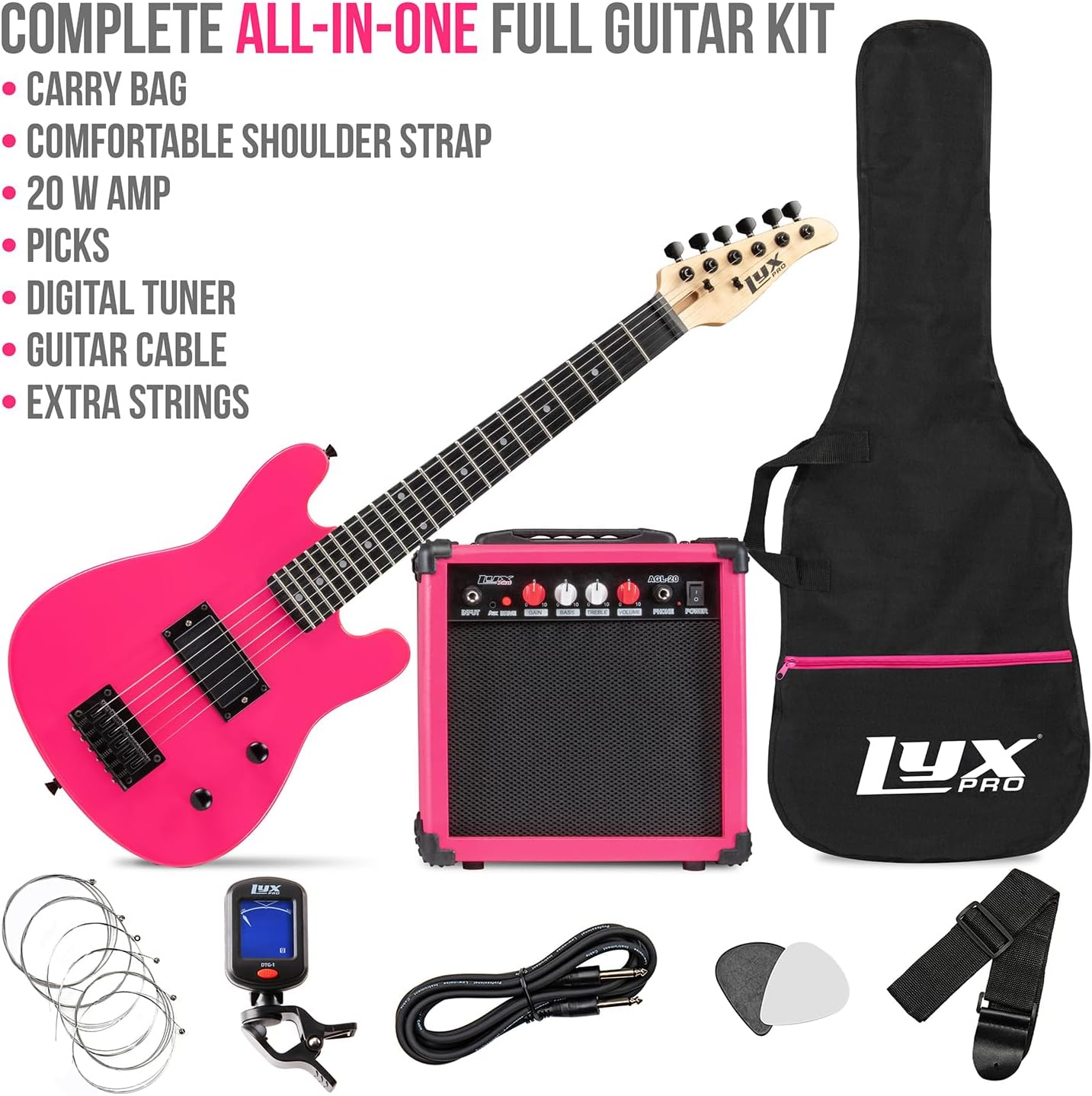 LyxPro 30 Inch Electric Guitar and Starter Kit for Kids with 3/4 Size Beginner's Guitar, Amp, Six Strings, Two Picks, Shoulder Strap, Digital Clip On Tuner, Guitar Cable and Soft Case Gig Bag - Pink
