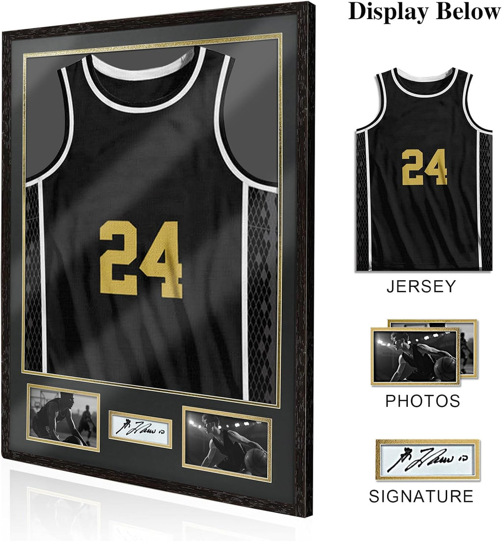 Jersey Frame Display Case 2 Pack, Large Sport Jersey Shadow Box with 98% UV Protection Acrylic,Two Photo Frame One Signature for Baseball Basketball Soccer Hockey Sport Shirt and Uniform,Black Walnut
