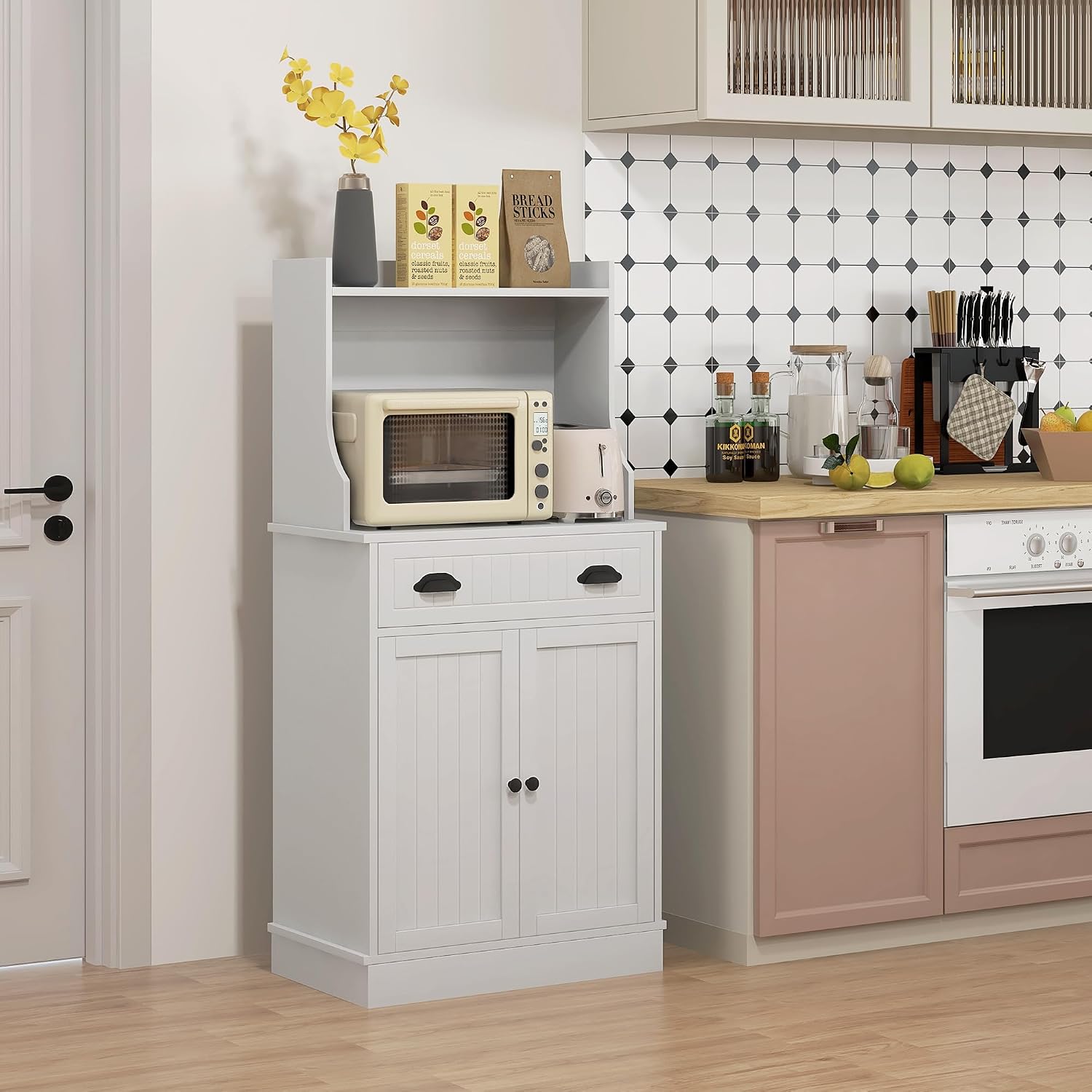 HOMCOM Microwave Cabinet with Storage Drawer, Double Door Cabinet and Adjustable Shelf, Buffet with Hutch and Cable Hole, Storage Cabinet for Kitchen, Dining Room, Living Room, White