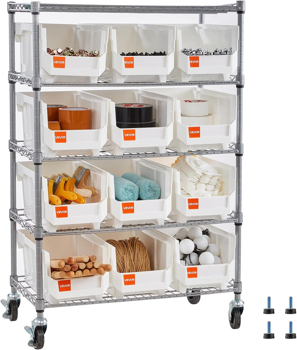 VEVOR 5-Tier Rolling Bin Storage Rack, 12 Organizer Bins, Bin Rack Storage Steel Wire Shelving System with Wheels, Mobile Tool Organizer for Garage, Warehouse, Office, Restaurant, Classroom, Kitchen