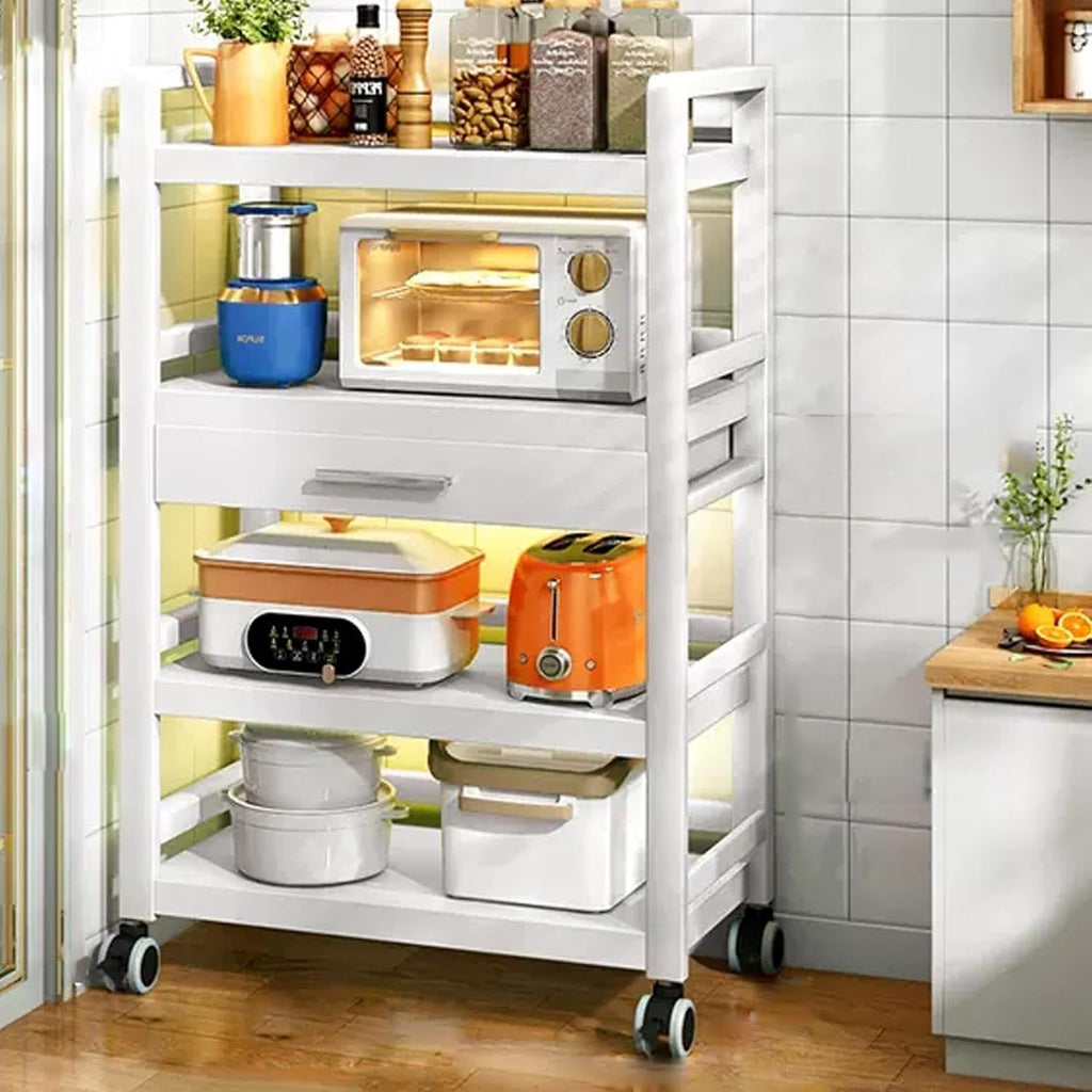 Microwave Oven Rack Baker's Rack with Drawer Kitchen Storage Shelf on Casters Metal Microwave Stand for Home Kitchen Living Room Hallway Free Standing Shelf (White 50x39x)