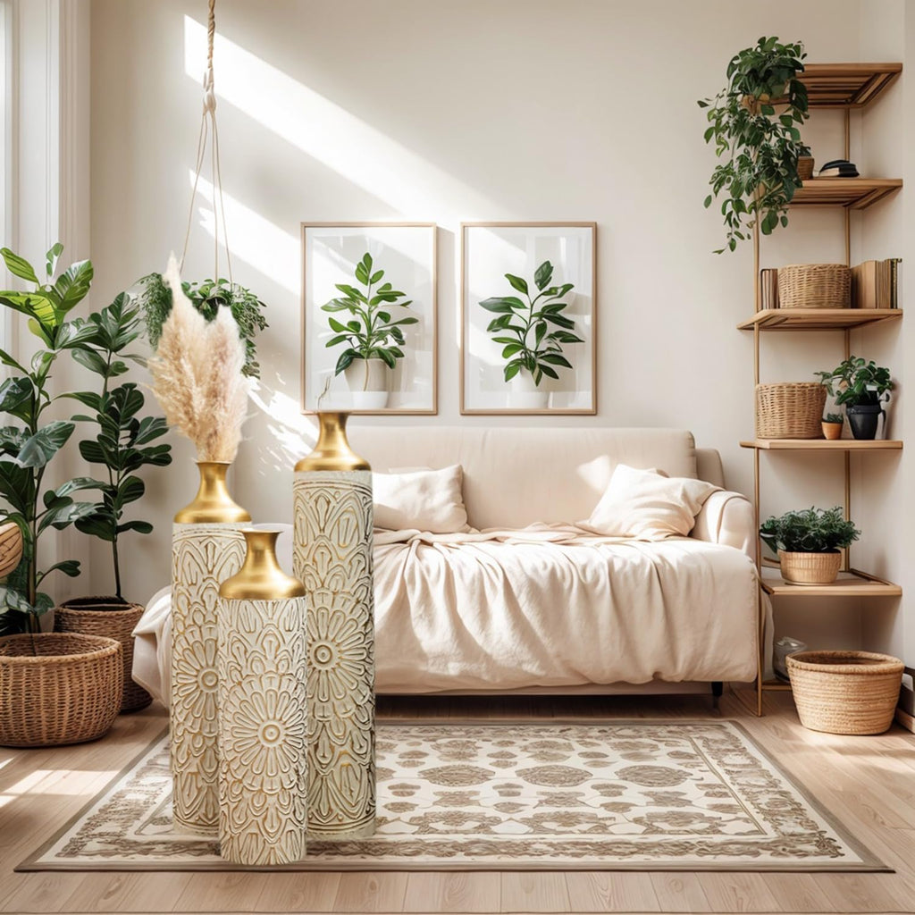 Luxury 3-Piece Floor Metal Vase Set - White & Gold Droplet Shaped Decor for Sophisticated Home Styling - Large Glazed Metal Vases to Impress Guests