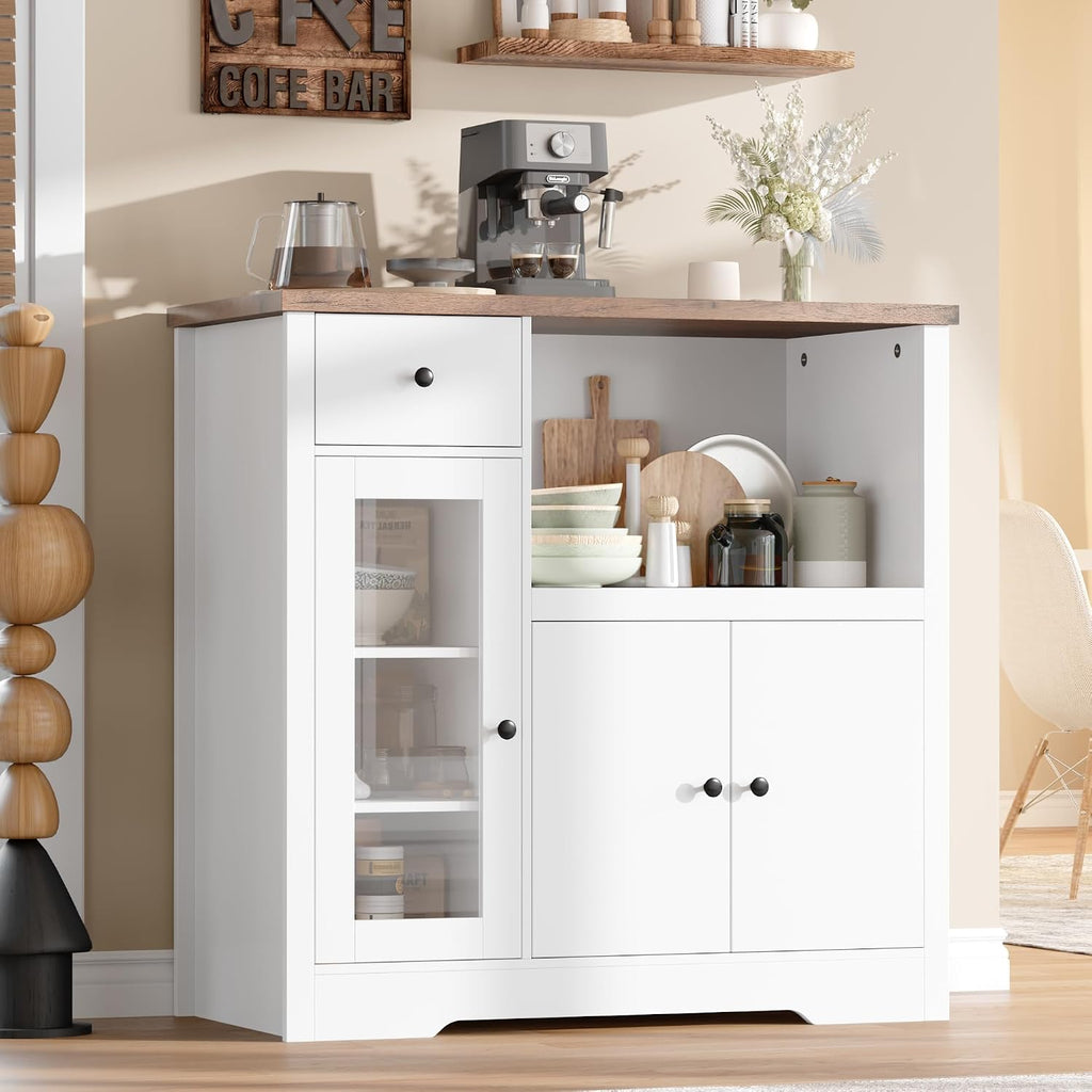Senfot Kitchen Microwave Cabinet with Storage and Drawers, Modern Small Buffet Cabinet with Glass Doors and Adjustable Shelf, Wooden Sideboard with Wide Top for Dining Room, Living Room, White