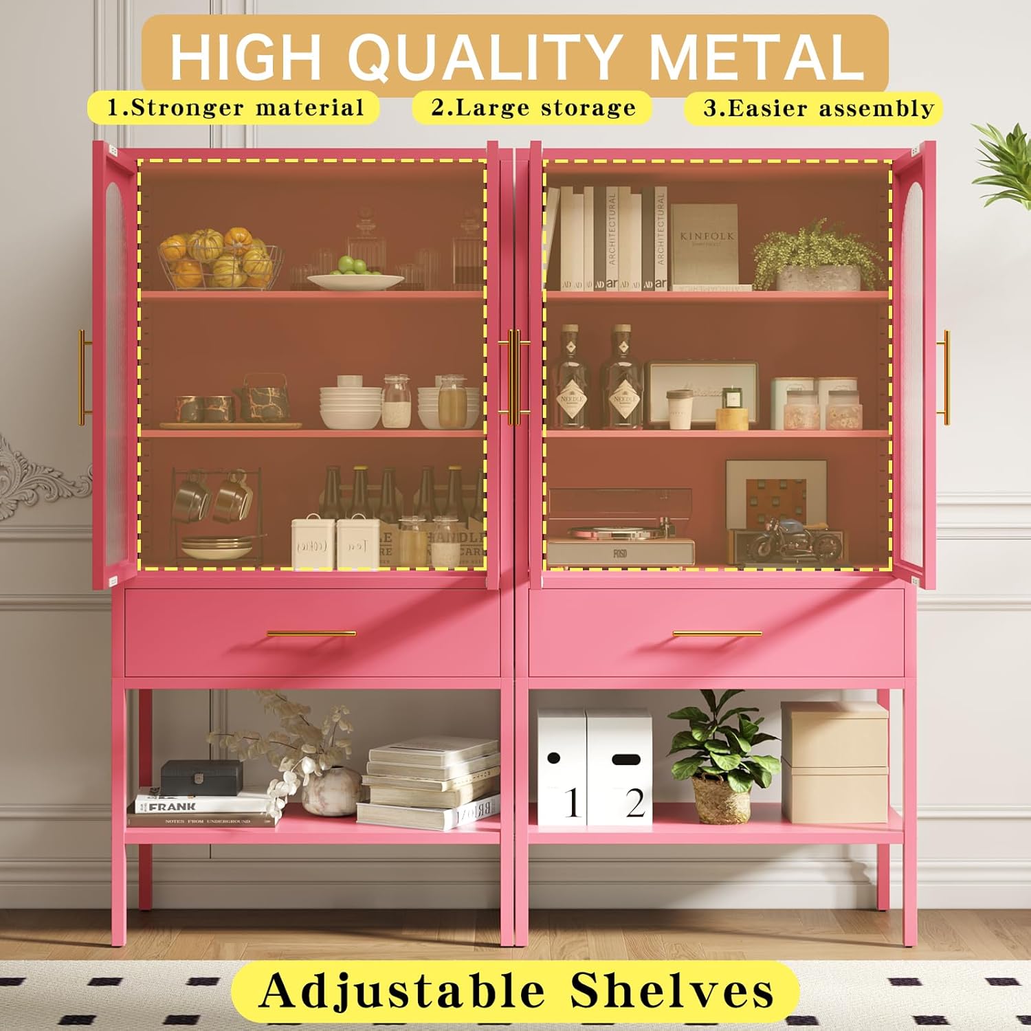 ALBAD 63 Inch Tall Metal Pantry/Display/Storage Cabinet with Fluted Glass Doors and Drawer & Adjustable Shelf for Modern Home Office Living Room Kitchen Pink