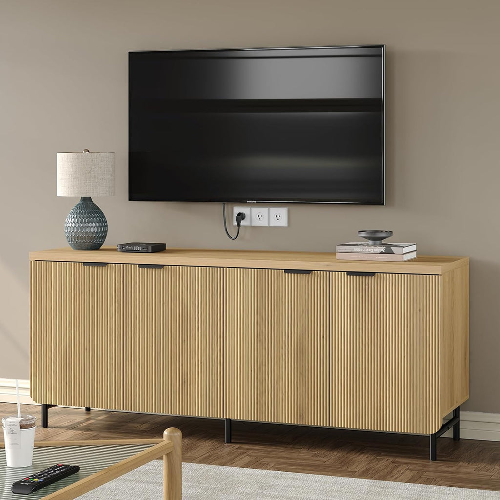 Furniouse Buffet Cabinet with Storage 66.2''W Modern Sideboard with 4 Fluted Doors & Shelves Wood Kitchen Buffet Table Fluted Cabinet for Living Room, Natural Oak