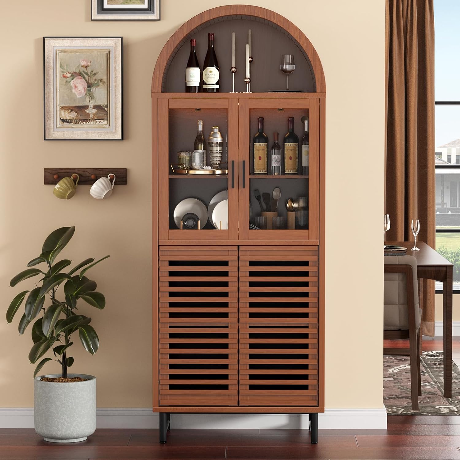 FiveWillowise Kitchen Pantry Cabinet with Glass Doors - Arched Design, Metal U Legs, Artistic Slatted Door, Adjustable Shelves, 78.4' Curved Storage Cabinet for Kitchen, Dining Room