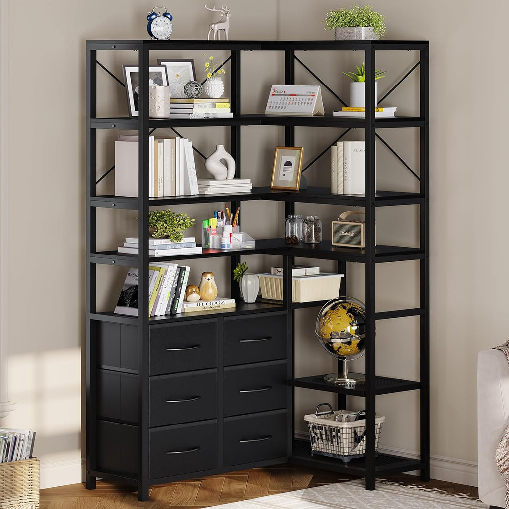 HAUOMS Corner Bookshelf, 7-Tier Bookcases Tall Convertible Book Shelf with 6 Fabric Drawers, Industrial Corner Bookshelves for Living Room, Kitchen, Home Office, Rustic Black