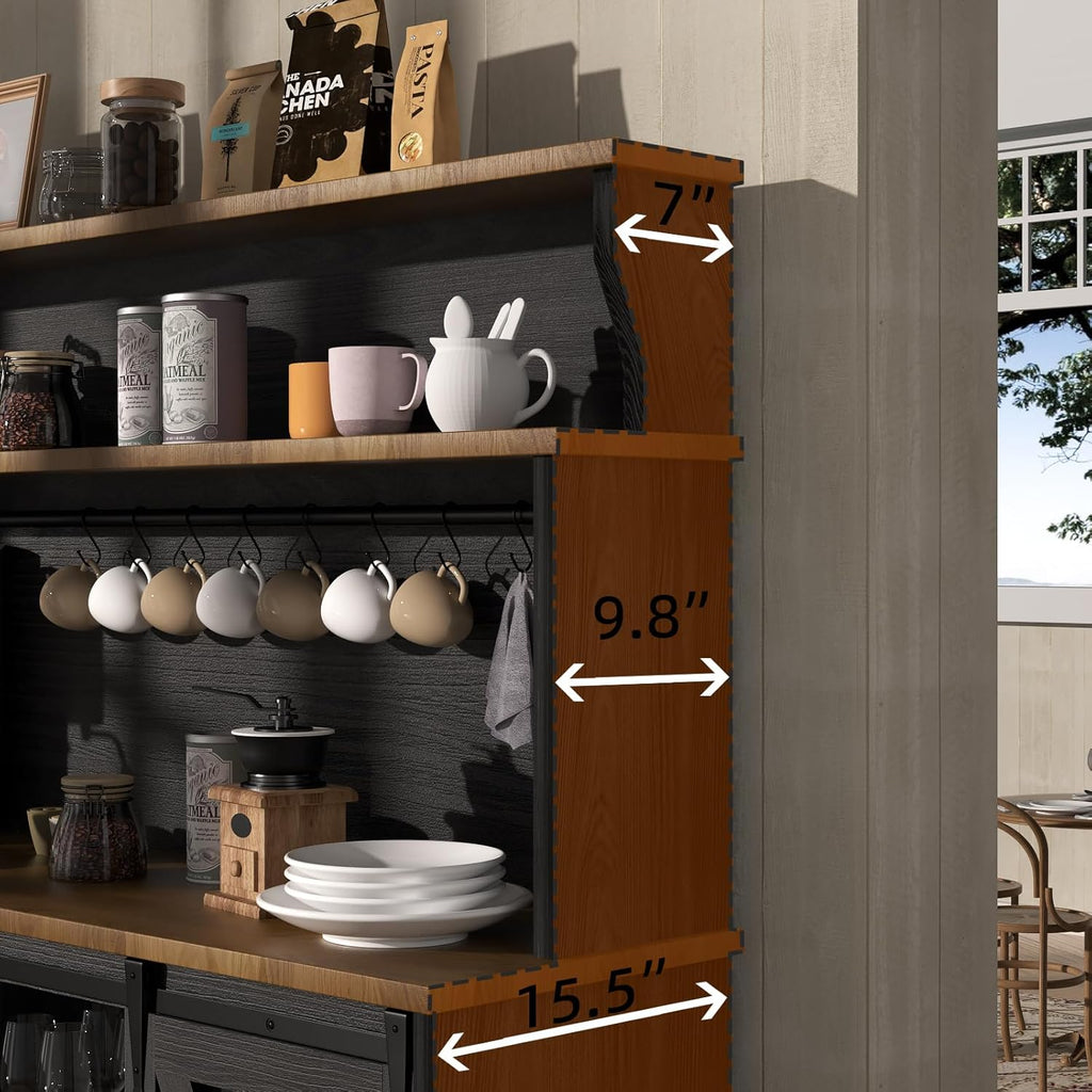 BestHaped 55'' Farmhouse Coffee Bar Cabinet with 3 Tier Storage Hutch, Coffee Bar Station with Sliding Barn Door, Hutch Storage Cabinet with 12 Wine Racks & 9 Hooks for Kitchen Dining Living Room