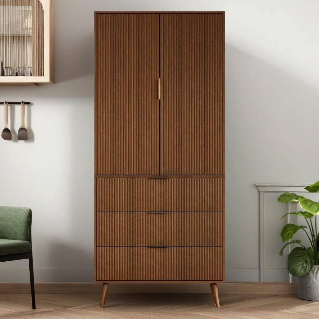 Tall Storage Cabinet, Kitchen Pantry Cabinet with Adjustable Shelves & Fluted Panel Design, Wood Cupboard with 3 Drawers 2 Doors, Tall Home Cupboard for Living Room, Kitchen, Walnut