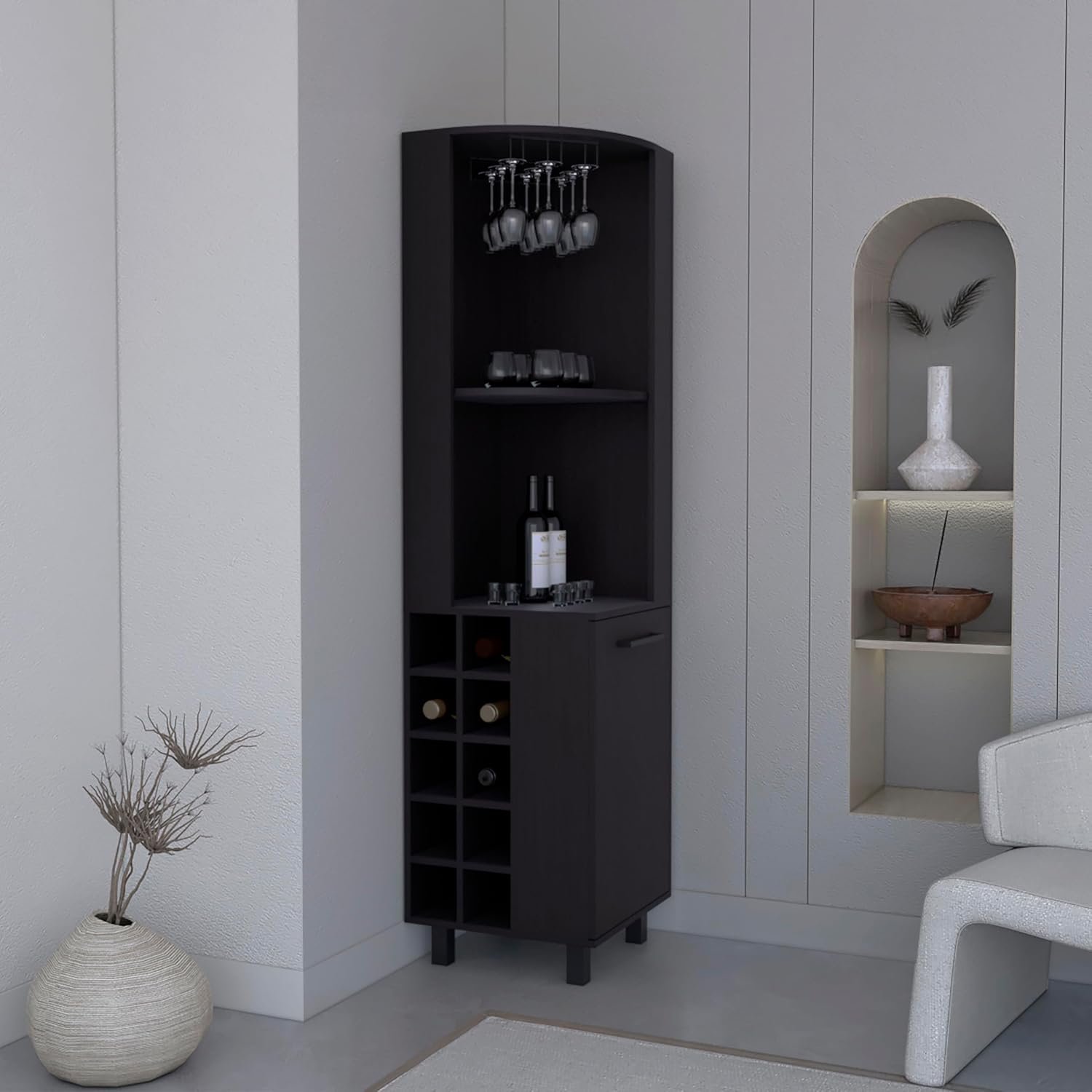 71' Corner Freestanding Storage Cabinet, Kitchen Storage Bakers Rack with 4 Shelves, Utility Food Cupboard with Stemware Rack, Black