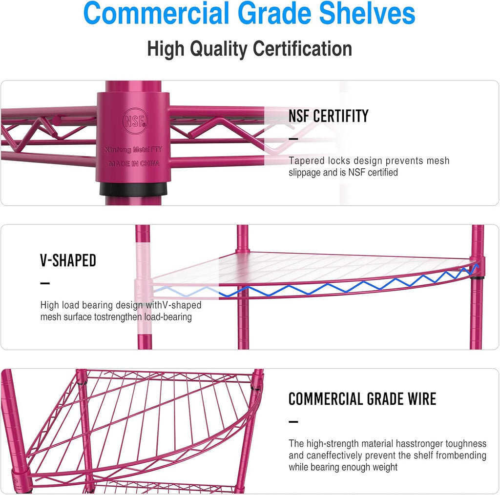 6 Tier NSF Corner Wire Shelf Shelving Unit, 18 x 18 x 72 Inch 420lbs Capacity Heavy Duty Adjustable Metal Storage Rack with Leveling Feet & Shelf Liners for Office Kitchen Bathroom and More - Pink