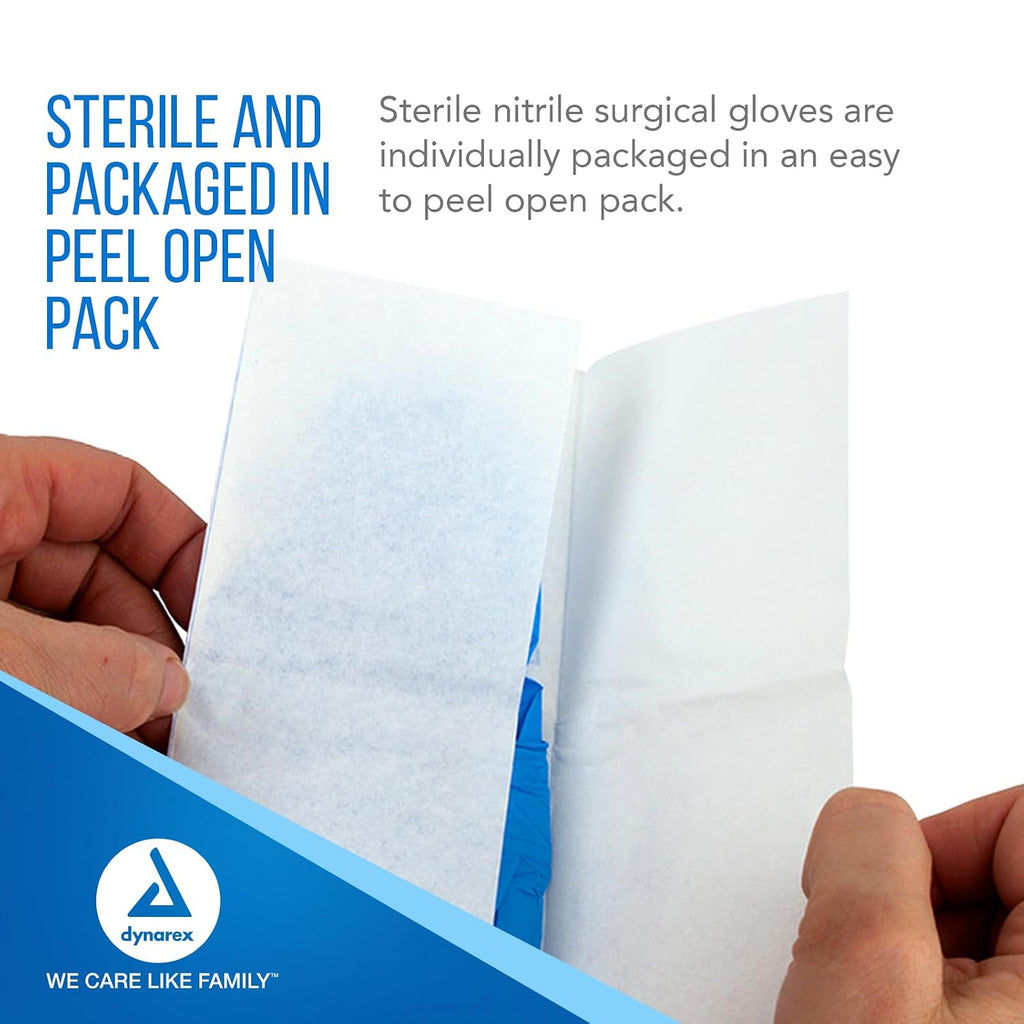 Dynarex Sterile Disposable Nitrile Exam Gloves, Powder-Free, Sterilely Individually Packaged, Textured Palms, Blue, Large, 1 Case - 8 Boxes of 100