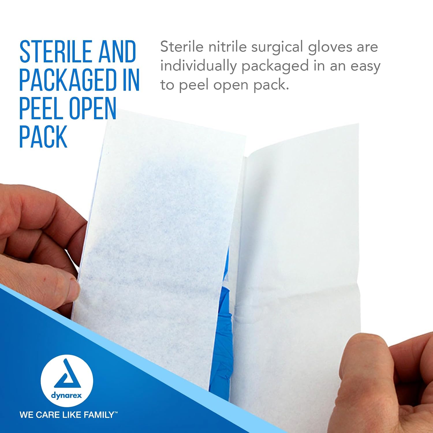 Dynarex Sterile Disposable Nitrile Exam Gloves, Powder-Free, Sterilely Individually Packaged, Textured Palms, Blue, Large, 1 Case - 8 Boxes of 100