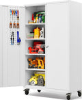 SISESOL Wide & Deep Metal Storage Cabinet with Wheels,Tall Rolling Garage Storage Cabinet with Lock,White Metal Cabinets with Pegboards and Shelves,Tool Locker for Garage,Home,Office,43''Wx 20''Dx71'H