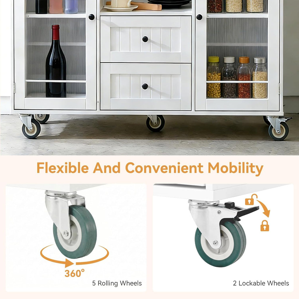 EVLIQUIL Kitchen Island Cart with Storage Cabinet & Drop Leaf, 50.4' Rolling Kitchen Table with Spice Rack & Towel Rack and Drawer, Portable Islands on Wheels, White