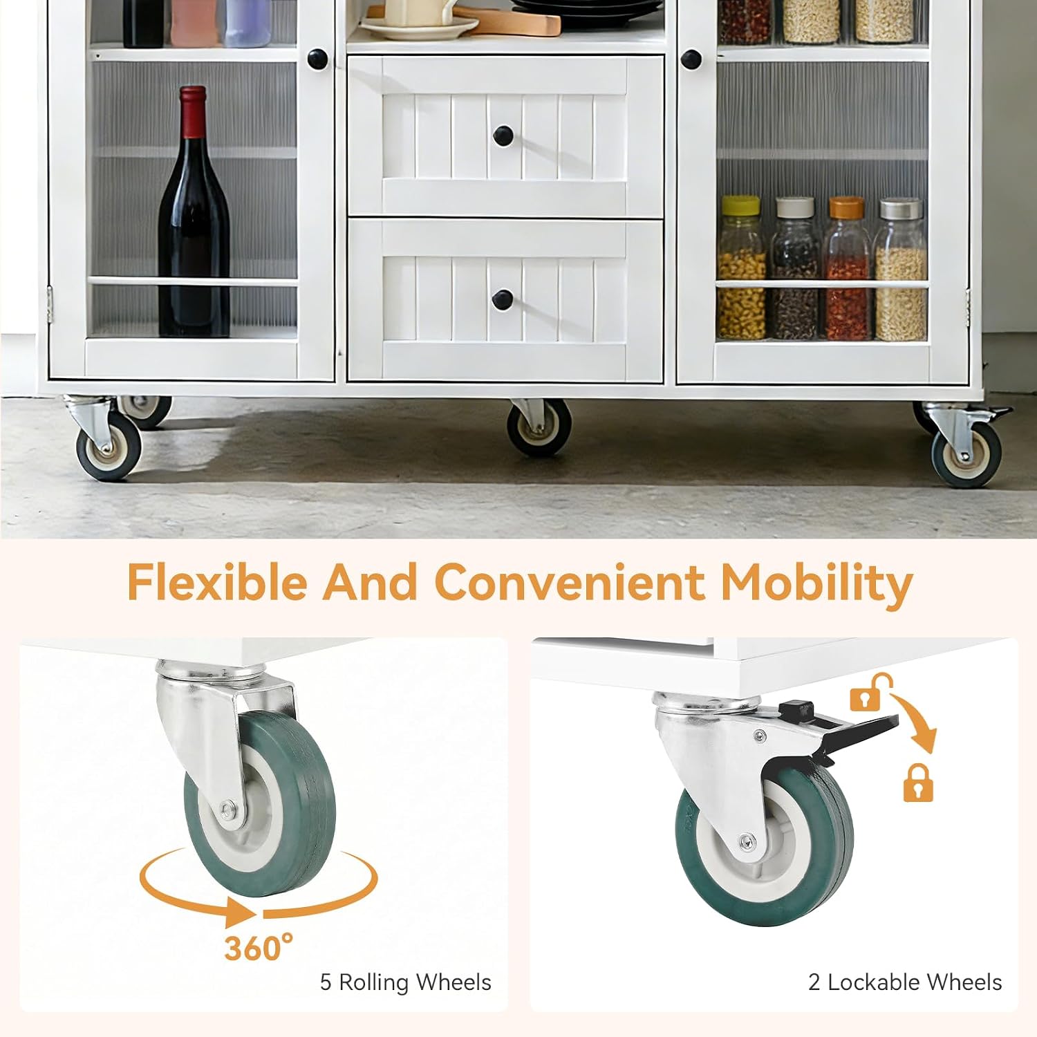 EVLIQUIL Kitchen Island Cart with Storage Cabinet & Drop Leaf, 50.4' Rolling Kitchen Table with Spice Rack & Towel Rack and Drawer, Portable Islands on Wheels, White