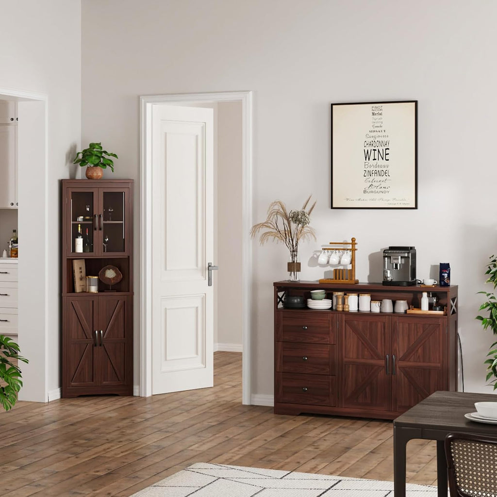 47' Dark Brown Farmhouse Storage Cabinet with Barn Doors and Drawers, Sideboard Buffet Cabinet with Storage, Kitchen Pantry Hutch, Coffee Bar Station Table for Kitchen, Living, Dining Room