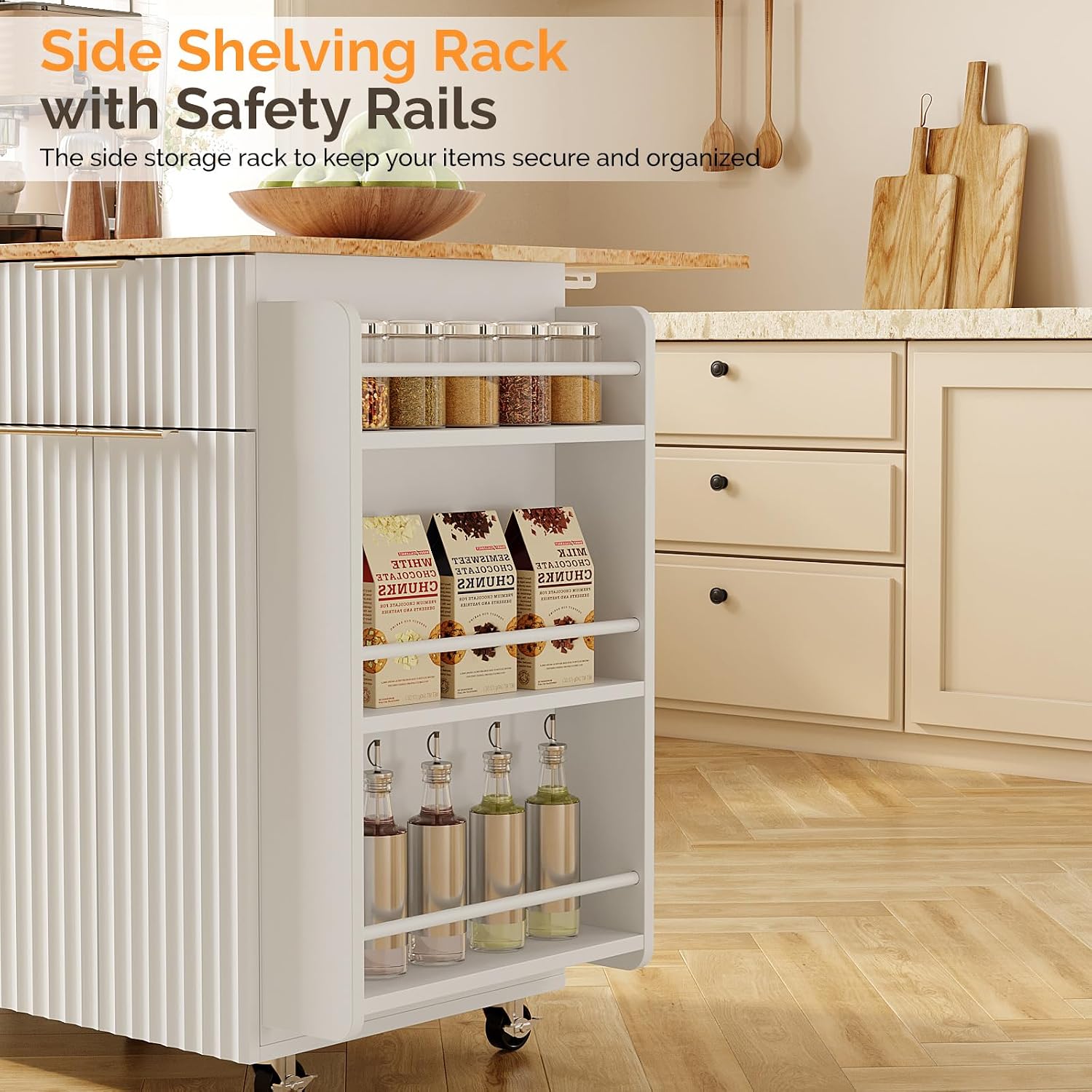 VINGLI Fluted Kitchen Island with Storage, Rolling Kitchen Cart on Wheels with 2 Drawers & 4 Doors, Adjustable Shelves, Portable Kitchen Island with Rubber Wood Top, White