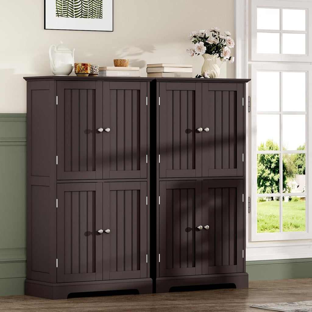 ChooChoo Bathroom Floor Cabinet, Modern Bathroom Storage Cabinet with 4 Doors and Adjustable Shelves, Freestanding Cupboard for Living Room, Espresso