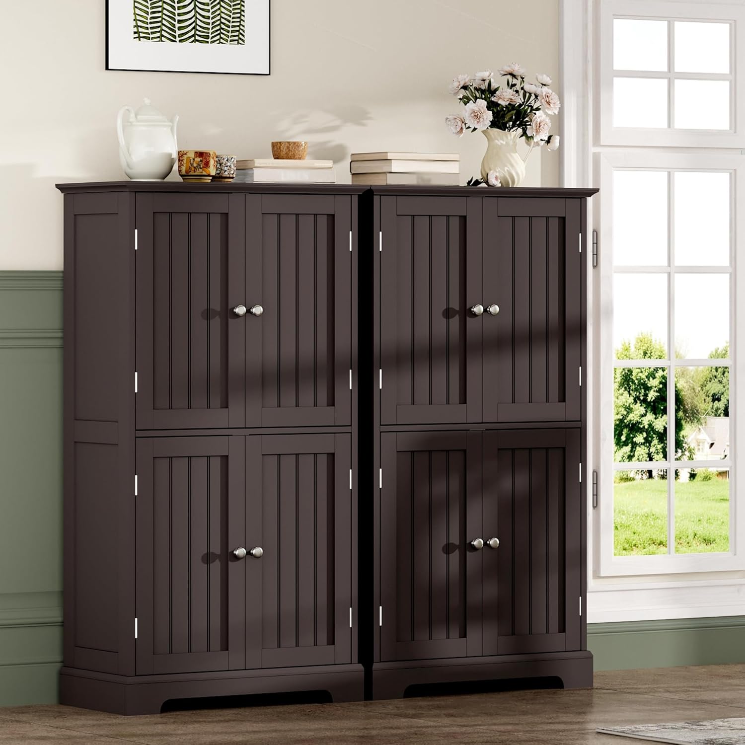 ChooChoo Bathroom Floor Cabinet, Modern Bathroom Storage Cabinet with 4 Doors and Adjustable Shelves, Freestanding Cupboard for Living Room, Espresso