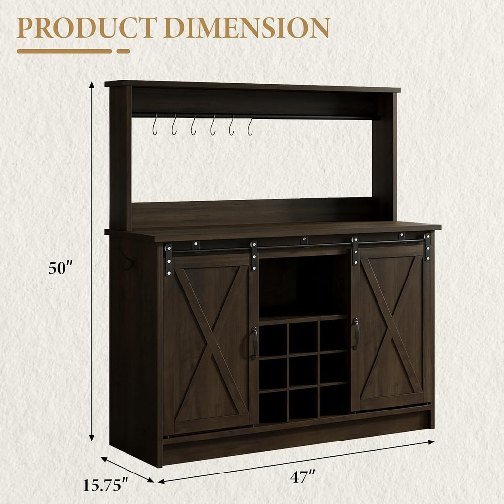 4ever2buy Farmhouse Coffee Bar Cabinet with Hutch and 6 Hooks, 47 Inch Wine Cabinet with Storage, Kitchen Buffet Cabinet with Adjustable Shelves &9 Wine Racks for Living Dining Room, Dark Oak