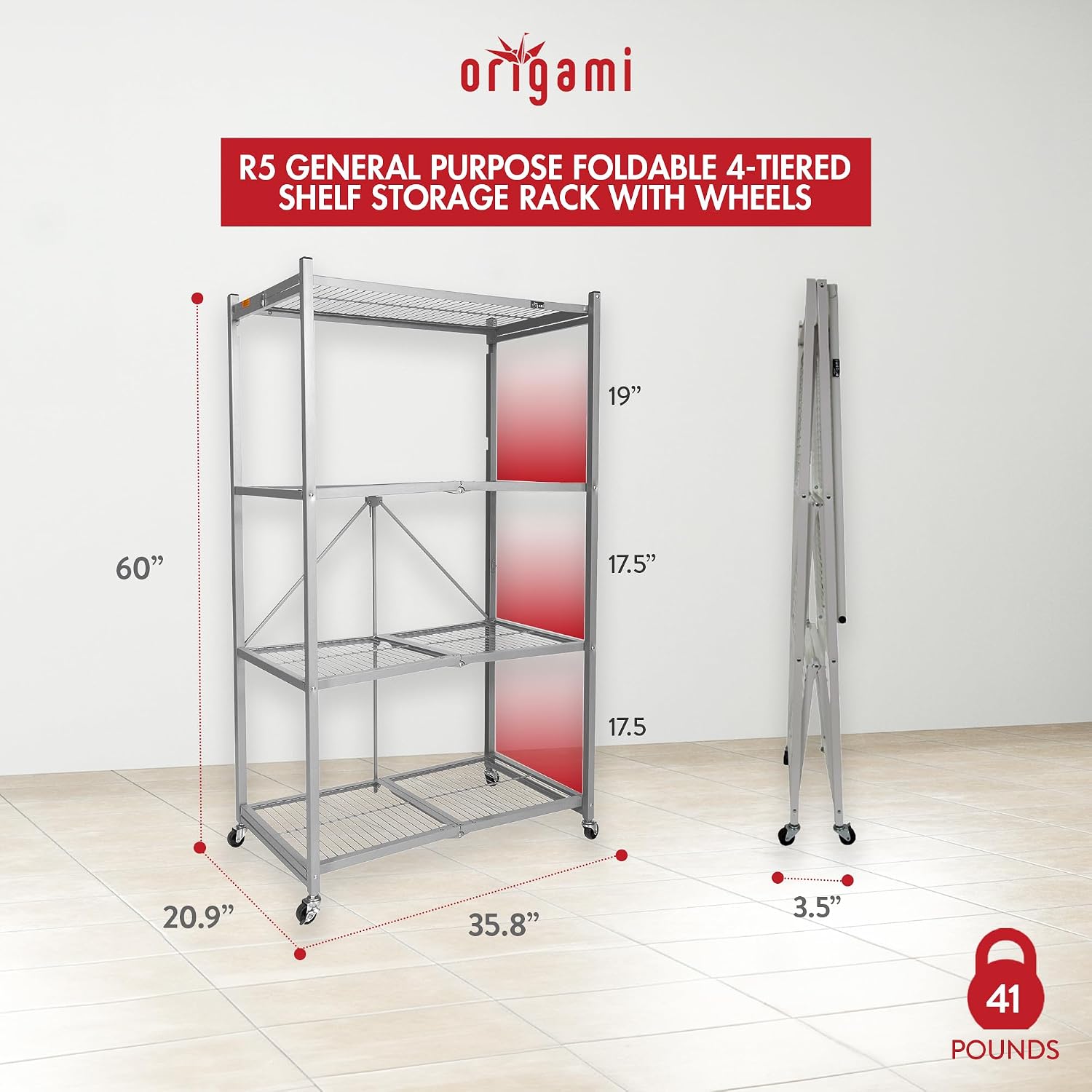 Origami 4 Tier Folding Storage Rack Unit w/Set of 4 Magnetic Wire Shelf Liners
