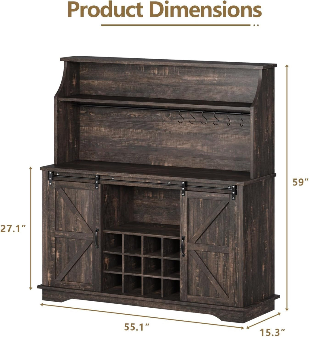 55 Inch Farmhouse Coffee Bar Cabinet with 3-Tier Enclosed Storage Cabinet, Kitchen Hutch with 12 Wine Racks & 3 Glass Holders, Coffee Bar with 6 Hooks, Wood Furniture for Dining Living Room, Oak