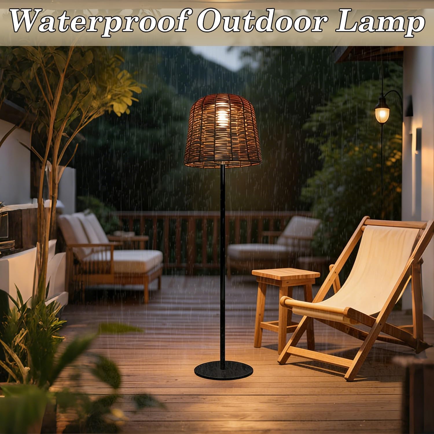 MIXL-Coffee Brown Outdoor Floor Lamp,Waterproof Wicker Shade Standing Lamp,Modern Farmhouse Dusk to Dawn Solar Light, 3000K Led Solar Outdoor Light for Patio Garden and Gazebo