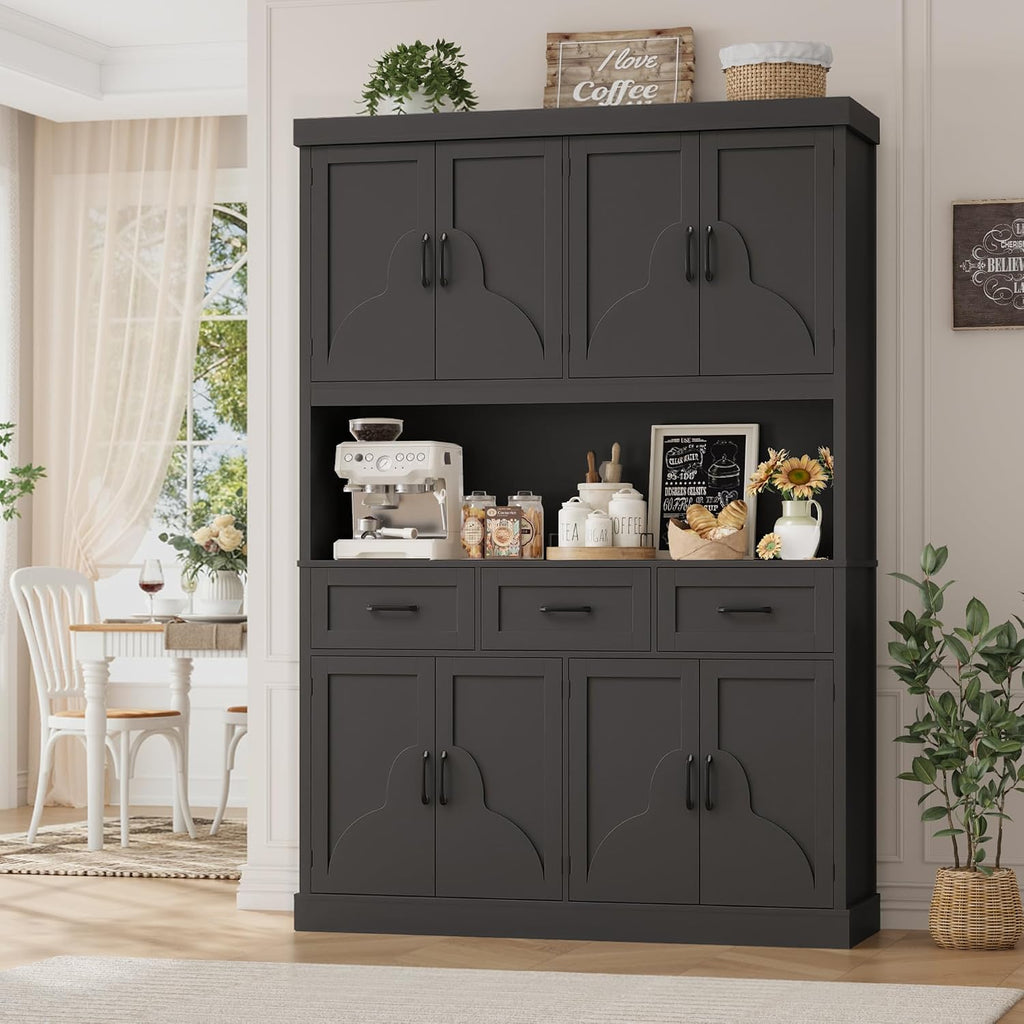 HITHOS 76' Tall Kitchen Pantry Storage Cabinet, 55' Wide Kitchen Hutch Cabinet with Storage Drawers, Large Food Pantry with Microwave Stand, Modern Cupboard with Hutch for Dining Living Room, Black