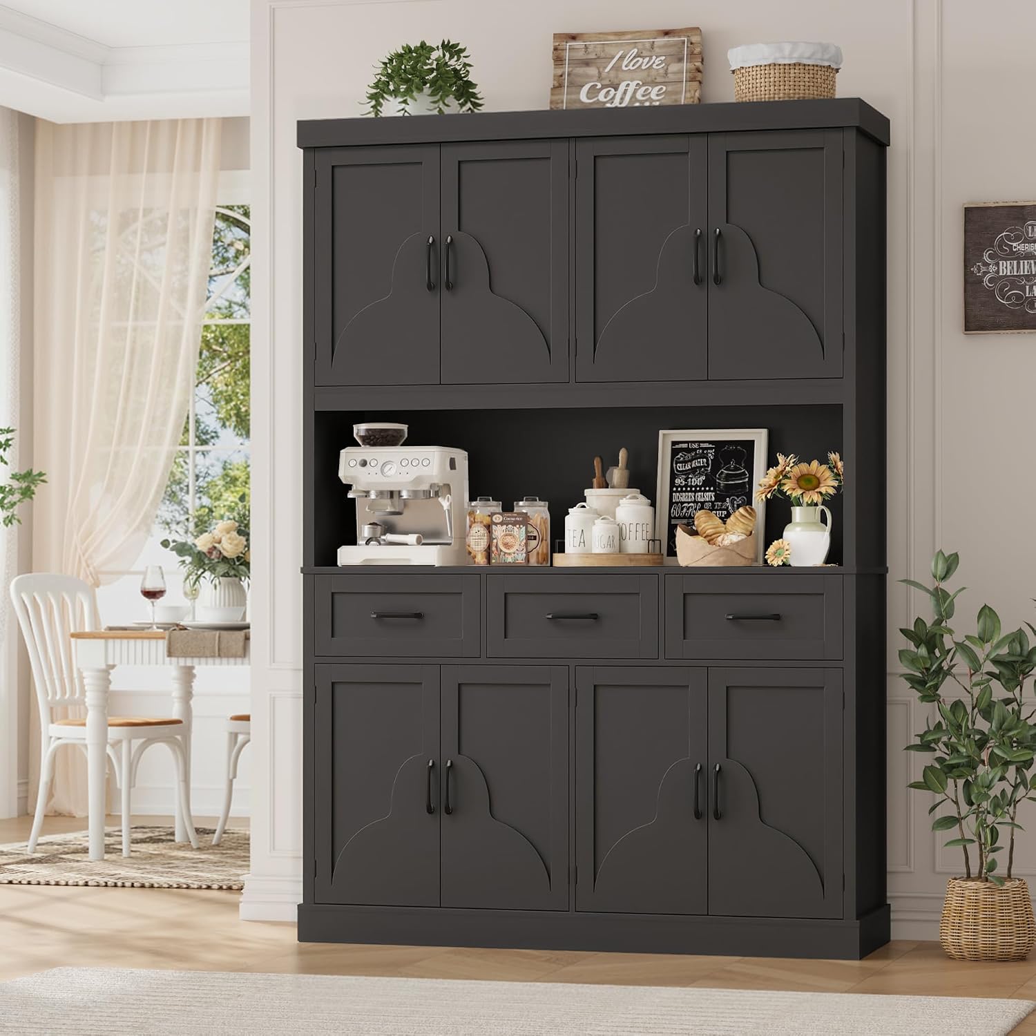 HITHOS 76' Tall Kitchen Pantry Storage Cabinet, 55' Wide Kitchen Hutch Cabinet with Storage Drawers, Large Food Pantry with Microwave Stand, Modern Cupboard with Hutch for Dining Living Room, Black