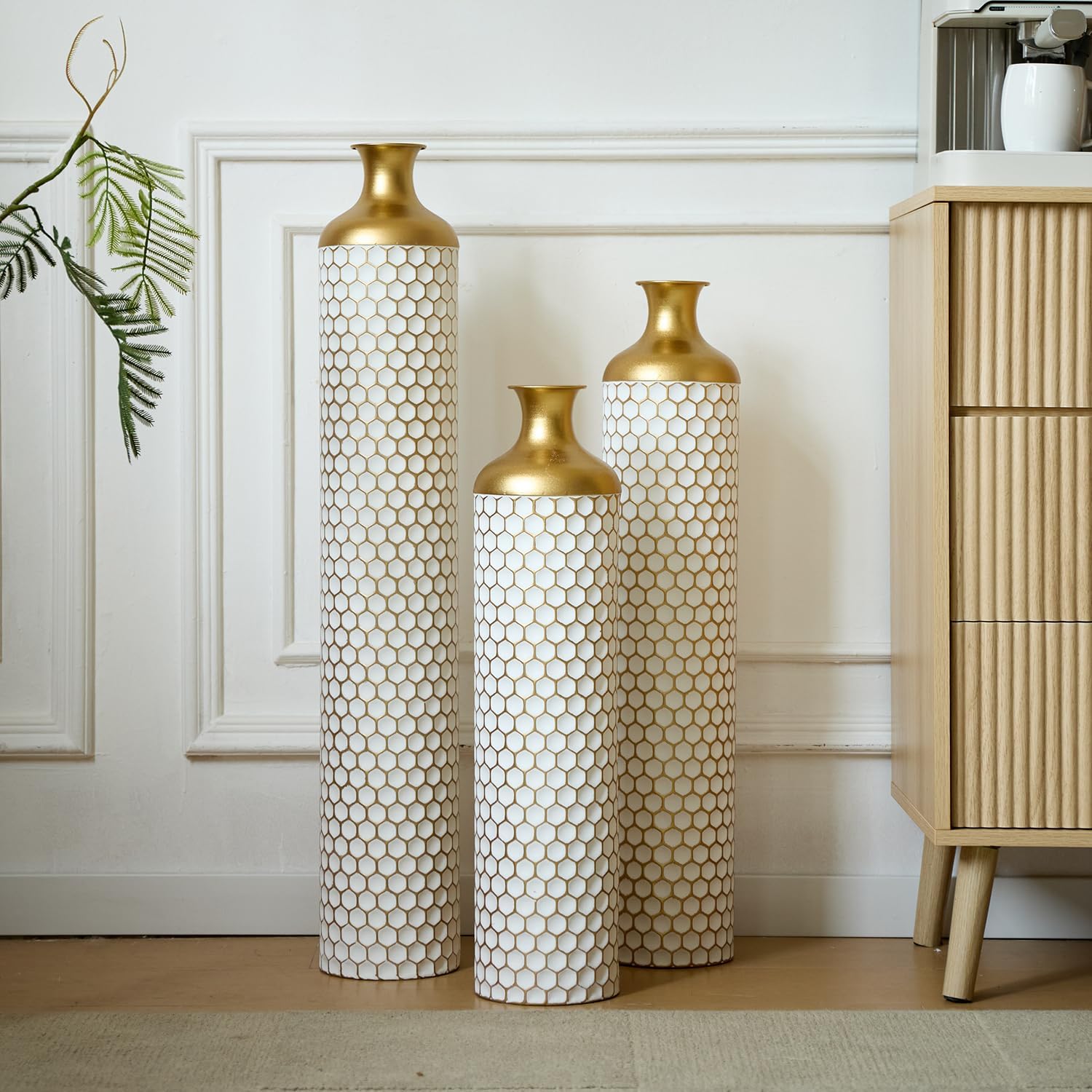 Elegant 3-Piece Set Floor Metal Vase - Modern White & Gold Droplet Shaped Design for Stunning Home Décor - Large Glazed Metal Vases Perfect for Any Space