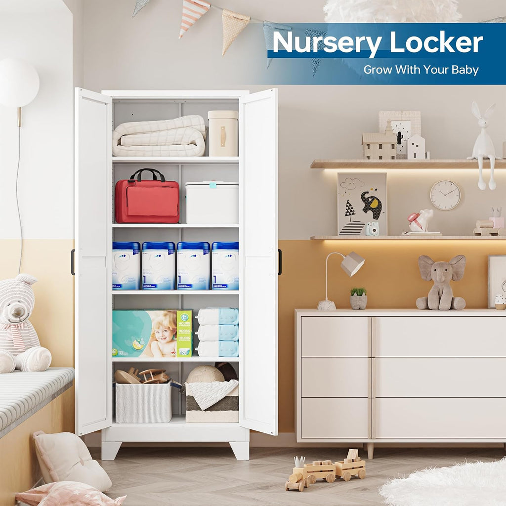 PEUKC 75' Farmhouse Metal Storage Cabinet with Doors and 4 Adjustable Shelves, Large Pantry Organizer for Kitchen, Dining Room, and Living Room,Assemble Require(White)