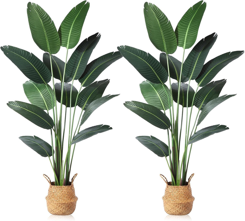 Ferrgoal Artificial Bird of Paradise Plants 6 Ft Fake Tropical Tree with Woven Basket, Faux Banana Leaf Plant for Home Indoor Outdoor Office Modern Decor Green 2 Set