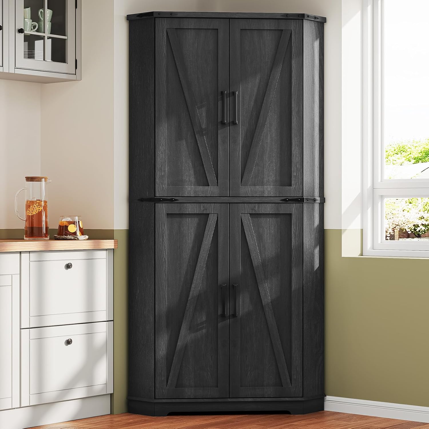 Dripex 71' Corner Cabinet Black, Farmhouse Kitchen Pantry Cabinet with Doors Storage & Adjustable Shelves, Tall Corner Storage Cabinet with LED Light, Food Pantry for Living Room, Dining Room