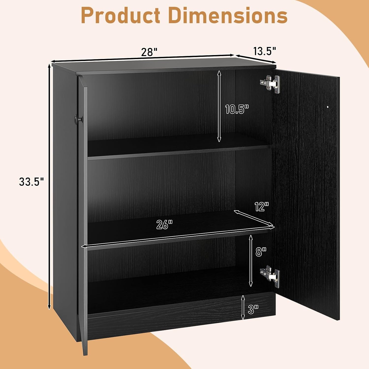 LOKO 2-Door Storage Cabinet, Modern Floor Cabinet with 3-Tier Shelf, Freestanding Side Cabinet with Anti-Toppling Device, Storage Organizer for Living Room, Kitchen, Dining Room, Entryway (Black)