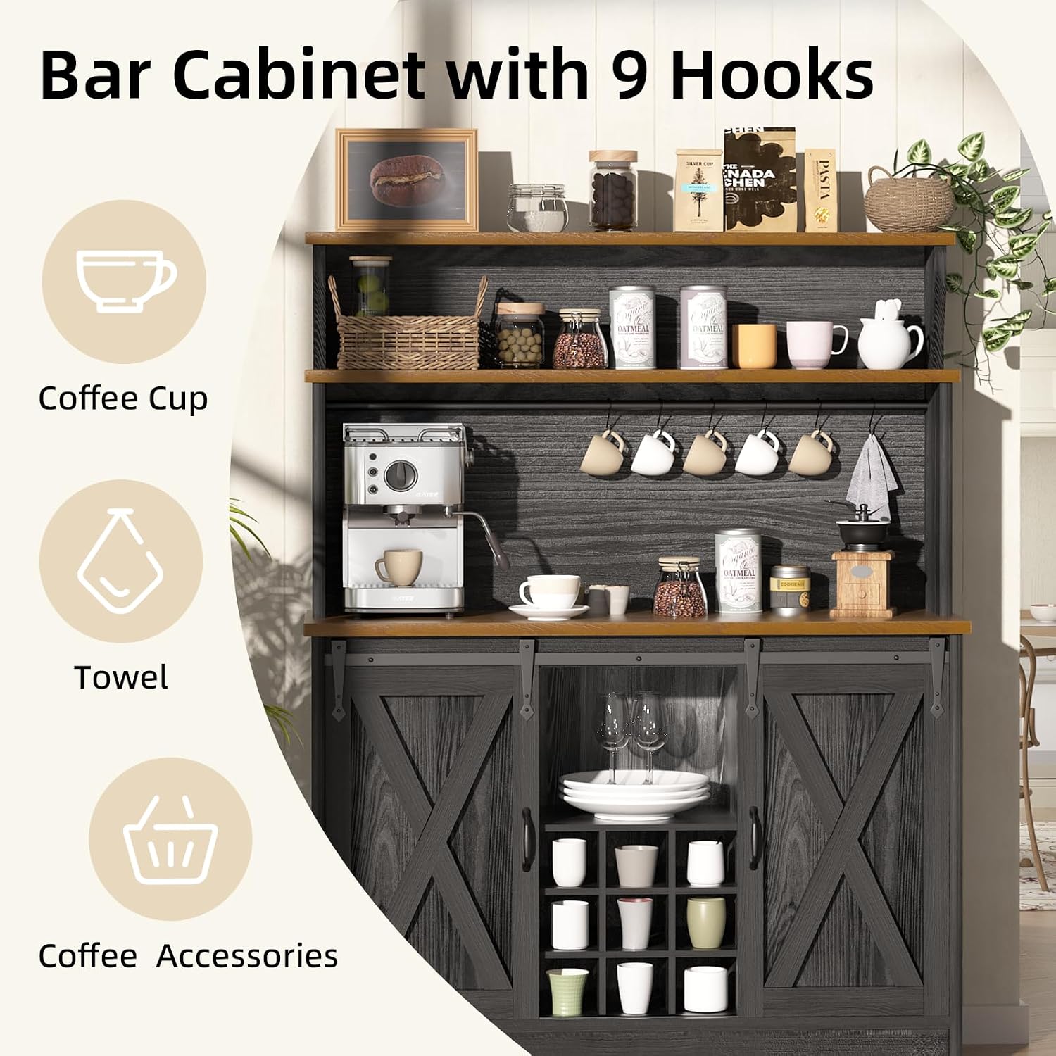 BestHaped Farmhouse Coffee Bar Cabinet with 3 Tier Storage Hutch, 47'' Coffee Bar Station with Sliding Barn Door, Hutch Storage Cabinet with 9 Wine Racks & 9 Hooks for Kitchen Dining Living Room