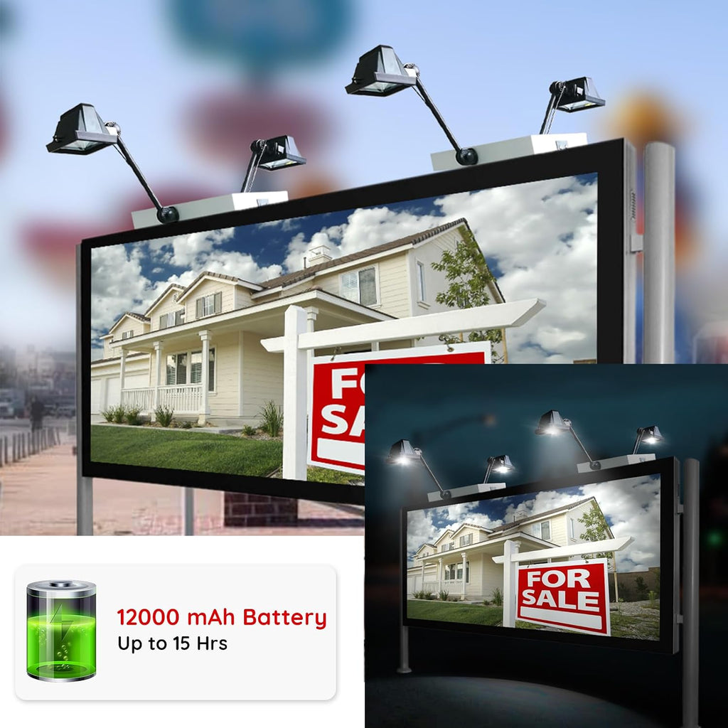 Solar Sign Lights Outdoor, 120 LEDs Solar Sign Light, Waterproof, 12000 mAh Sign Lighting, Billboard Light, Commercial Lights for Real Estate Signs, Business, Advertisement, High Way