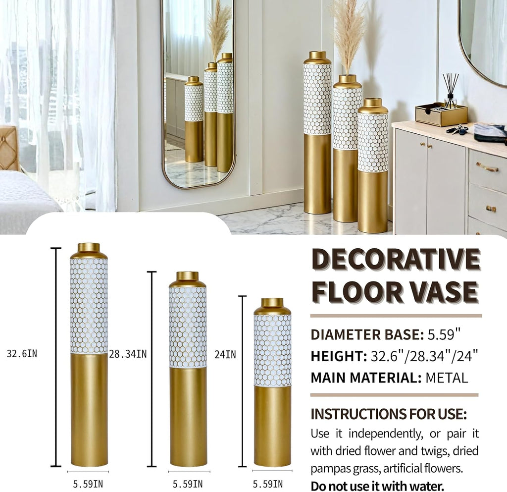 Modern Metal Standing Vase Set of 3, Gold & White Hexagon Pattern Floor Vases，Modern Glam Home Decor for Living Room, Entryway, Hallway (White&Gold - 32.6'/ 28.34'/ 24' Height)
