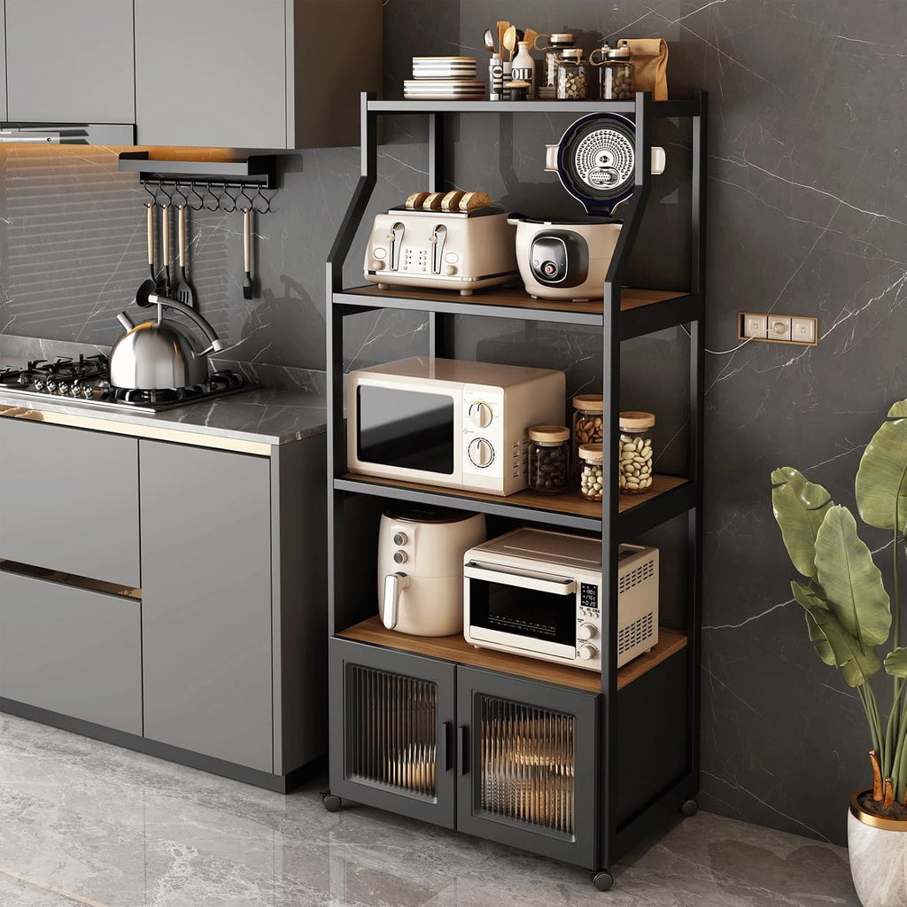 4 Tier Microwave Stand with Storage Matte Black Storage Rack Kitchen Pantry Glass Cabinet Doors Bakers Rack for cafes Living Room Office-B