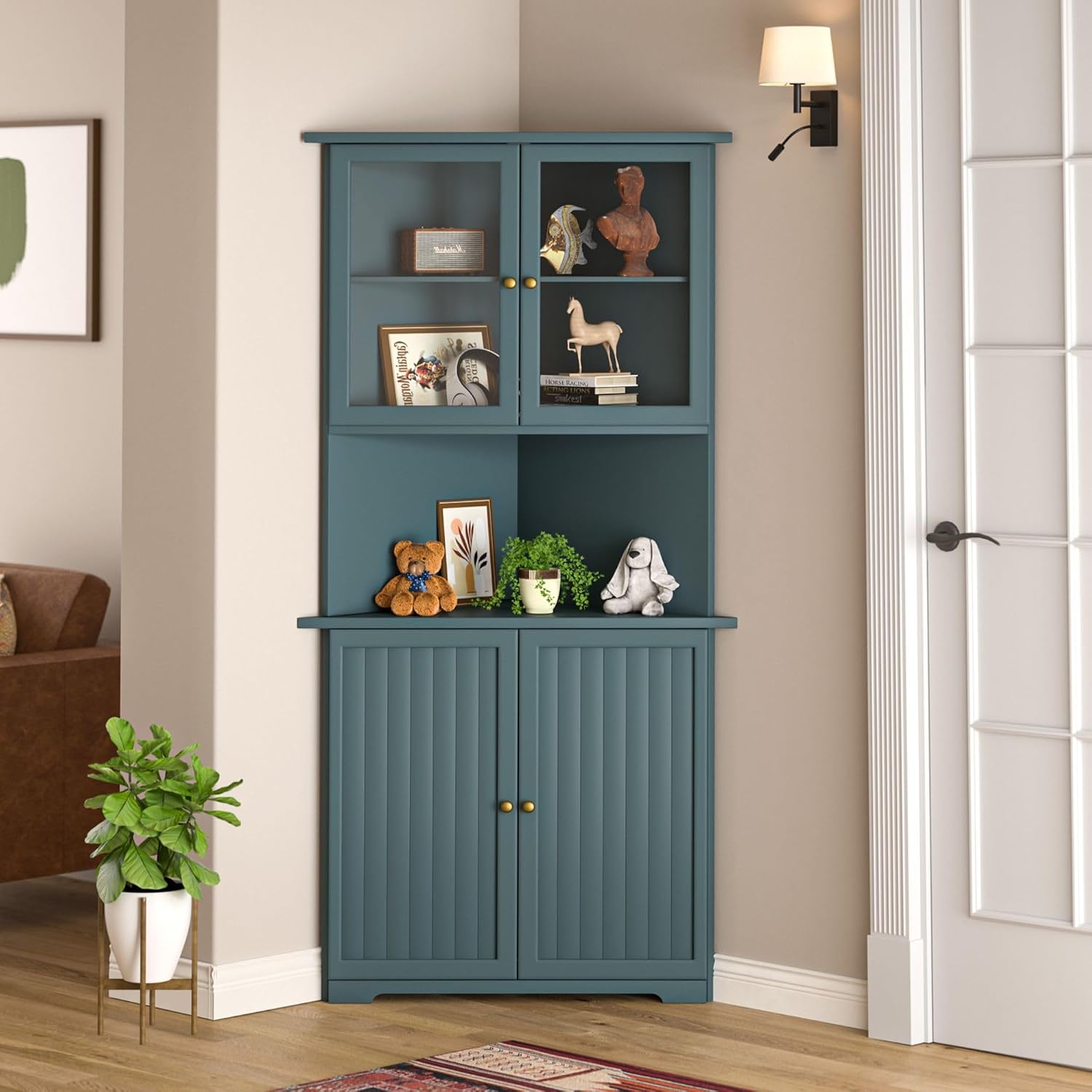 MUPATER Tall Corner Cabinet with Doors and Shelves, 71'' Free Standing Corner Kitchen Hutch, Cabinet Storage for Living Room, Bathroom, Kitchen with Countertop, Blue